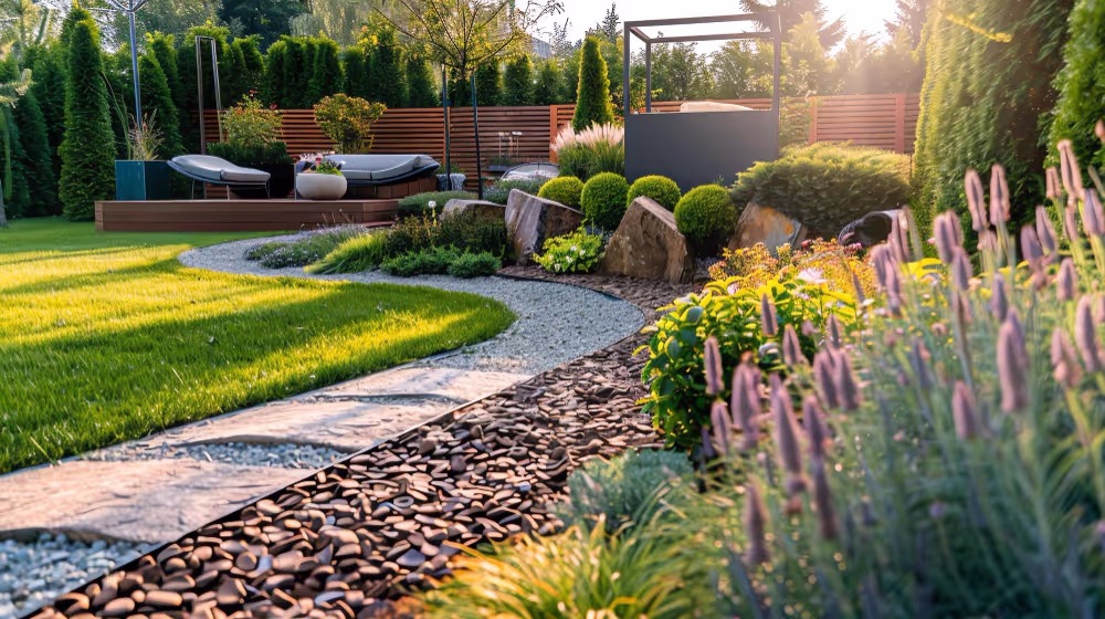 Sunlit garden with a curved stone and pebble path, green lawn, flowering plants, shrubs, and two black lounge chairs on a wooden deck enclosed by a wooden fence.