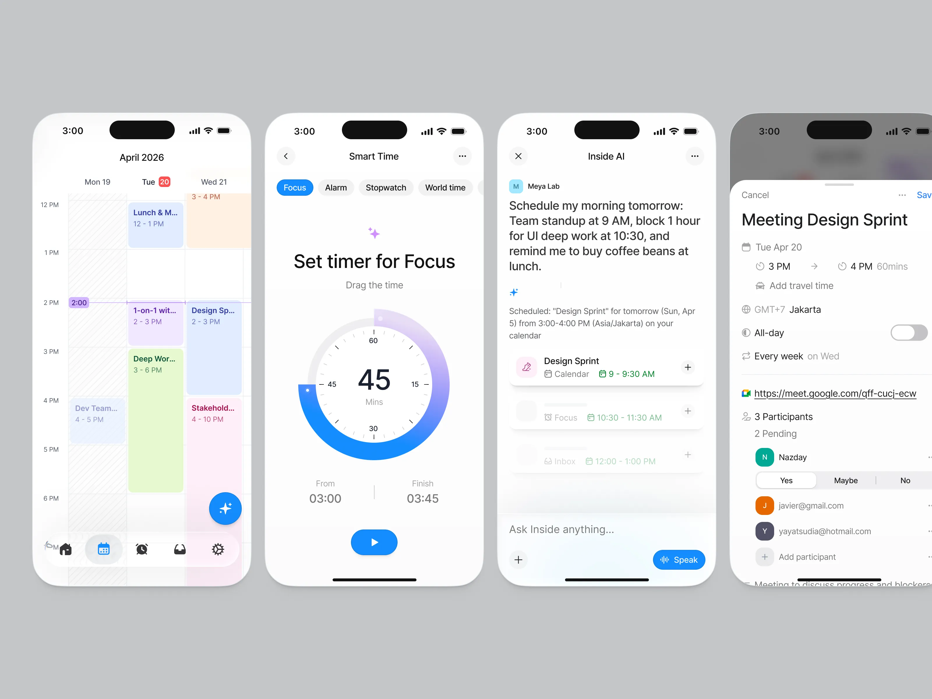 Four smartphone screens showing calendar events, a focus timer set to 45 minutes, AI scheduling message, and a Meeting Design Sprint event with participants and meeting details.