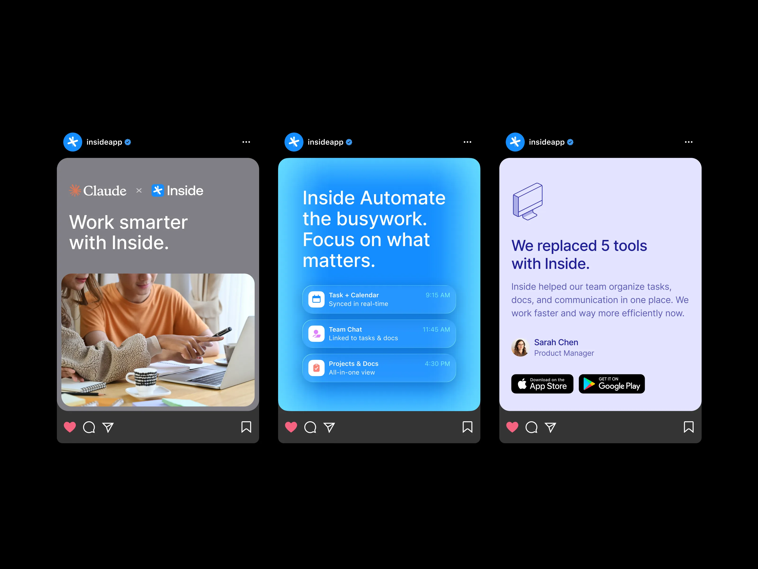 Three social media posts from insideapp promoting productivity with Inside, featuring collaboration tools, automation of busywork, and testimonial of replacing five tools for team organization.