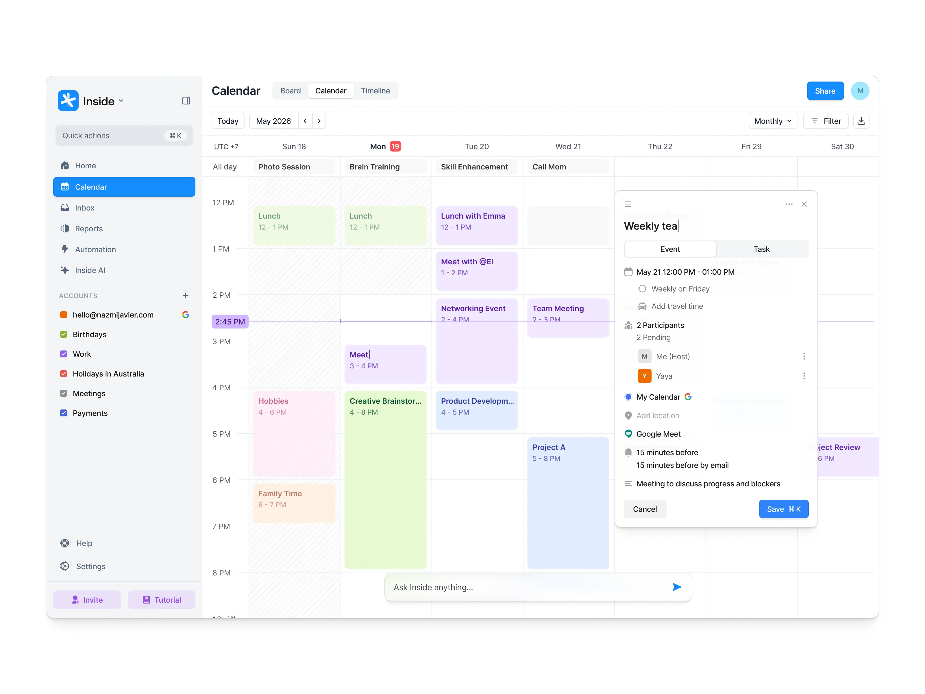 Collage showing app UI elements: a 'Productive' time focus, Aeonik font example, a schedule with meetings and coffee reminder, home and calendar icons, phone screen with Meeting Design Sprint event, a portrait of a man labeled Dwayne Junior CEO with world clocks, and Inside.so logo.
