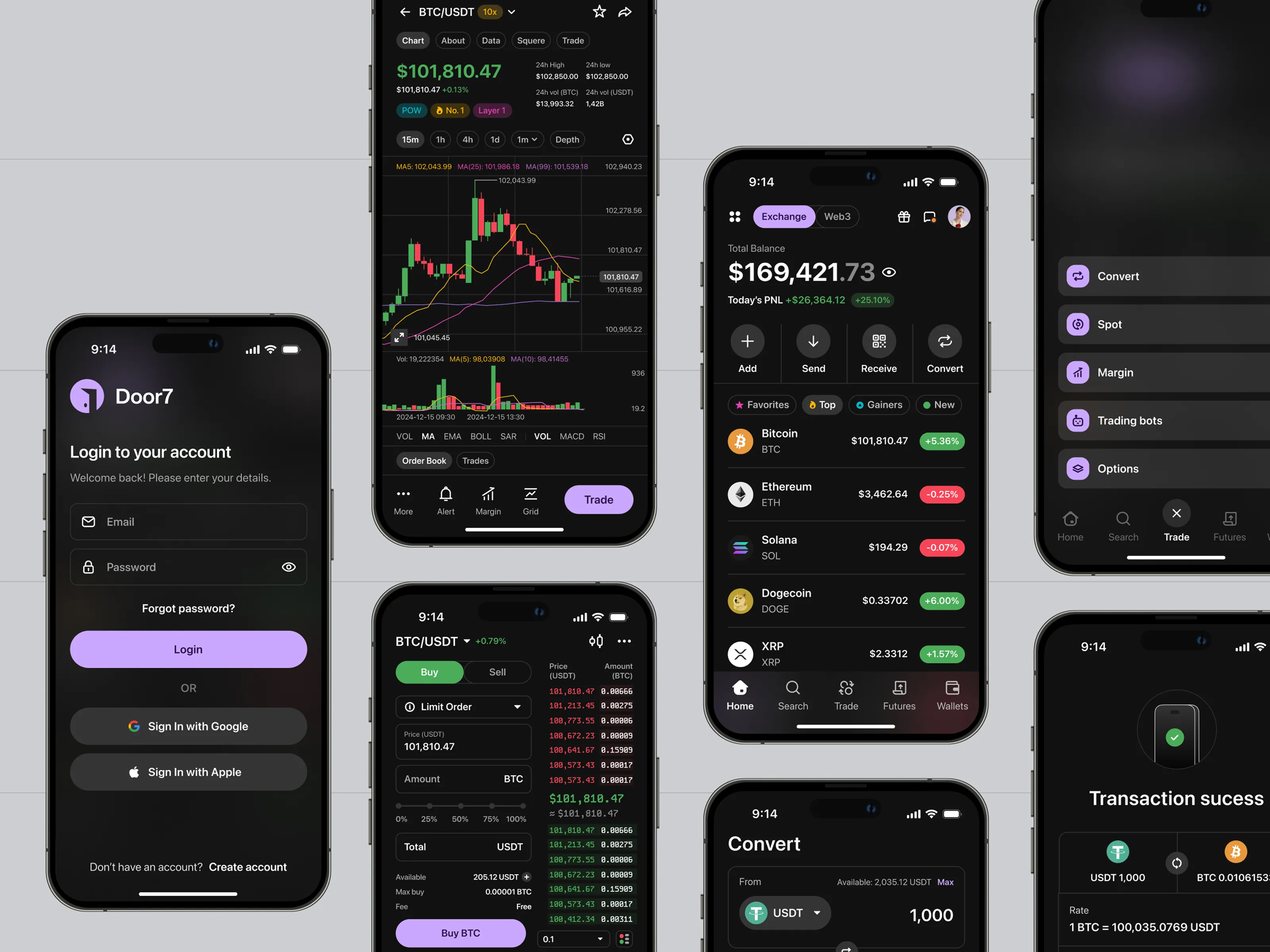 Smartphone screens showing Door7 crypto app with login, trading, charts, balance, convert, and transaction success.