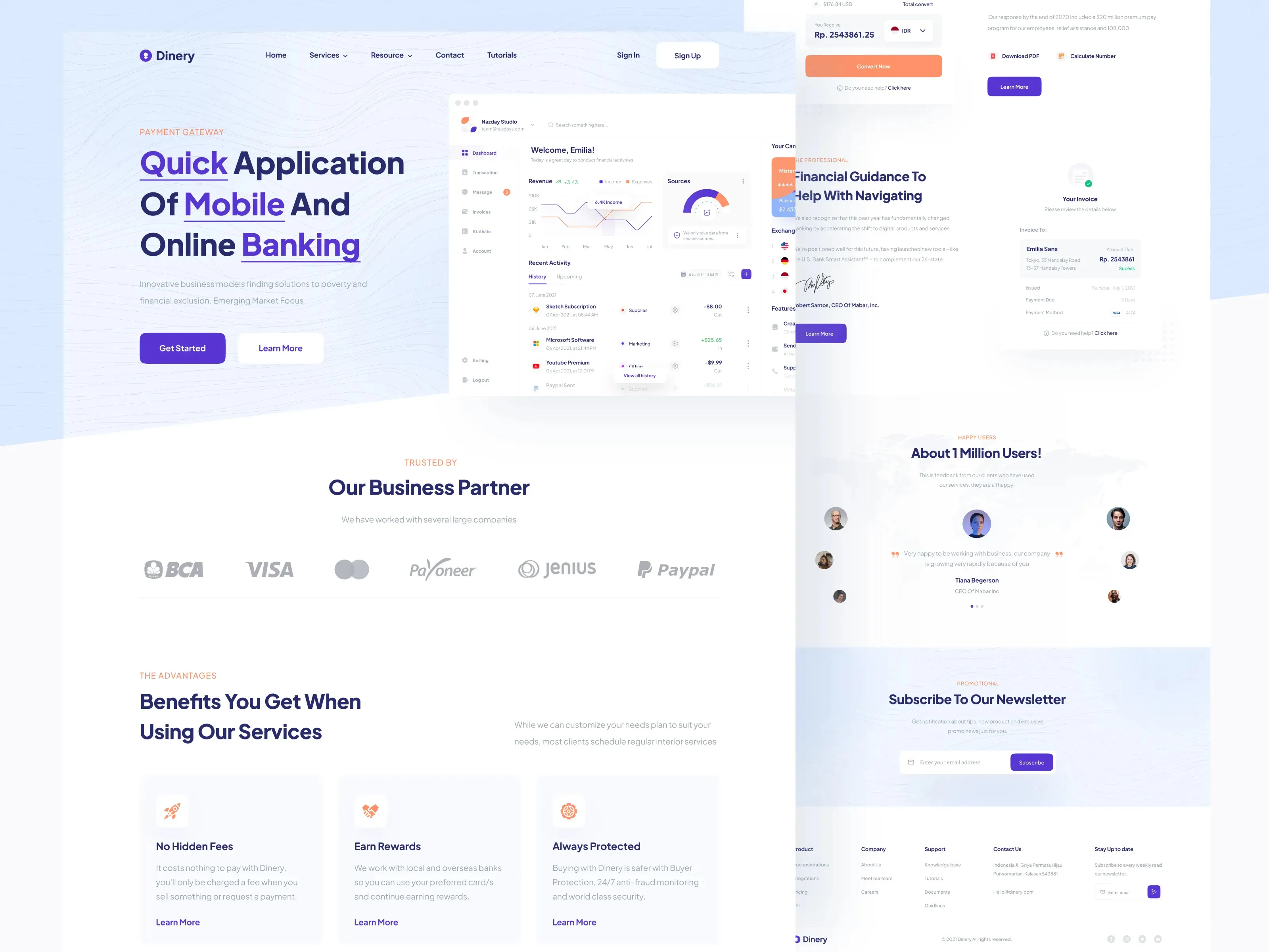 Dinery payment gateway website homepage showcasing quick application for mobile and online banking, business partners, service benefits, financial guidance, user testimonials, and newsletter subscription.