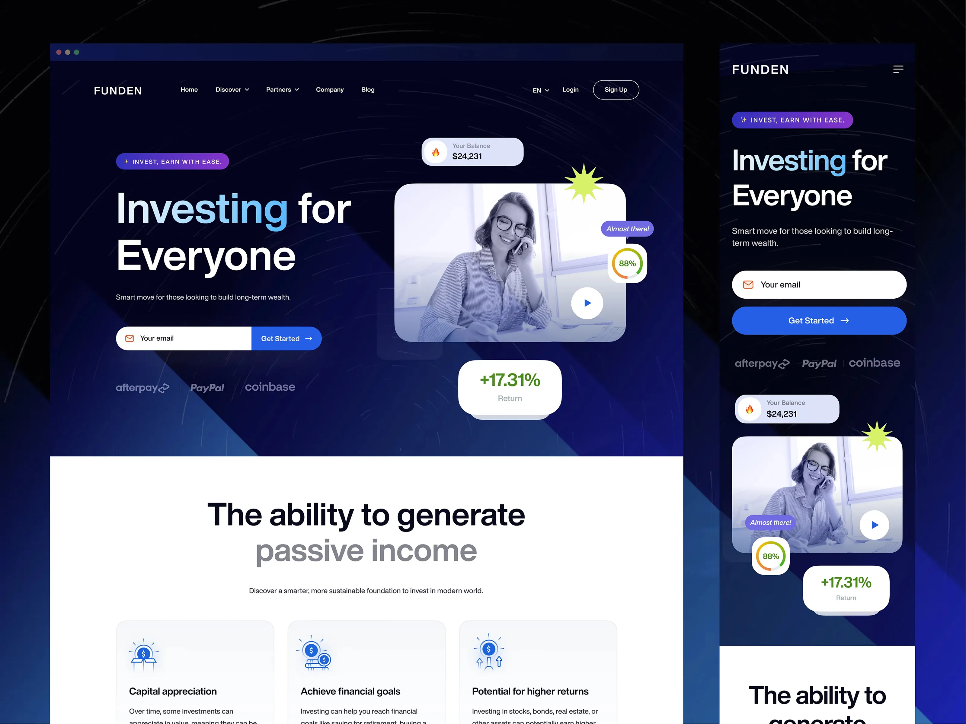 Website homepage for Funden showing investing for everyone with a sign-up form, a smiling woman on a video call, and investment return stats.