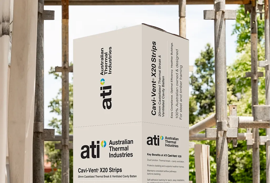 Box of ATI Australian Thermal Industries Cavi-Vent X20 Strips at a construction site with scaffolding.