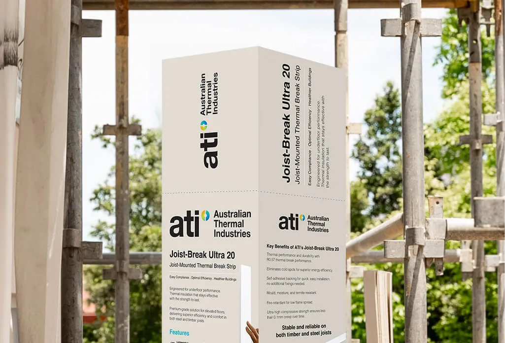 Packaged Joist-Break Ultra 20 thermal break strip by Australian Thermal Industries at construction site.