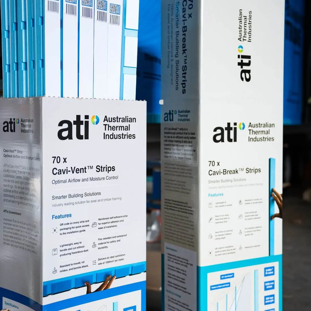Packaging of Australian Thermal Industries' Cavi-Vent and Cavi-Break strips for airflow and moisture control