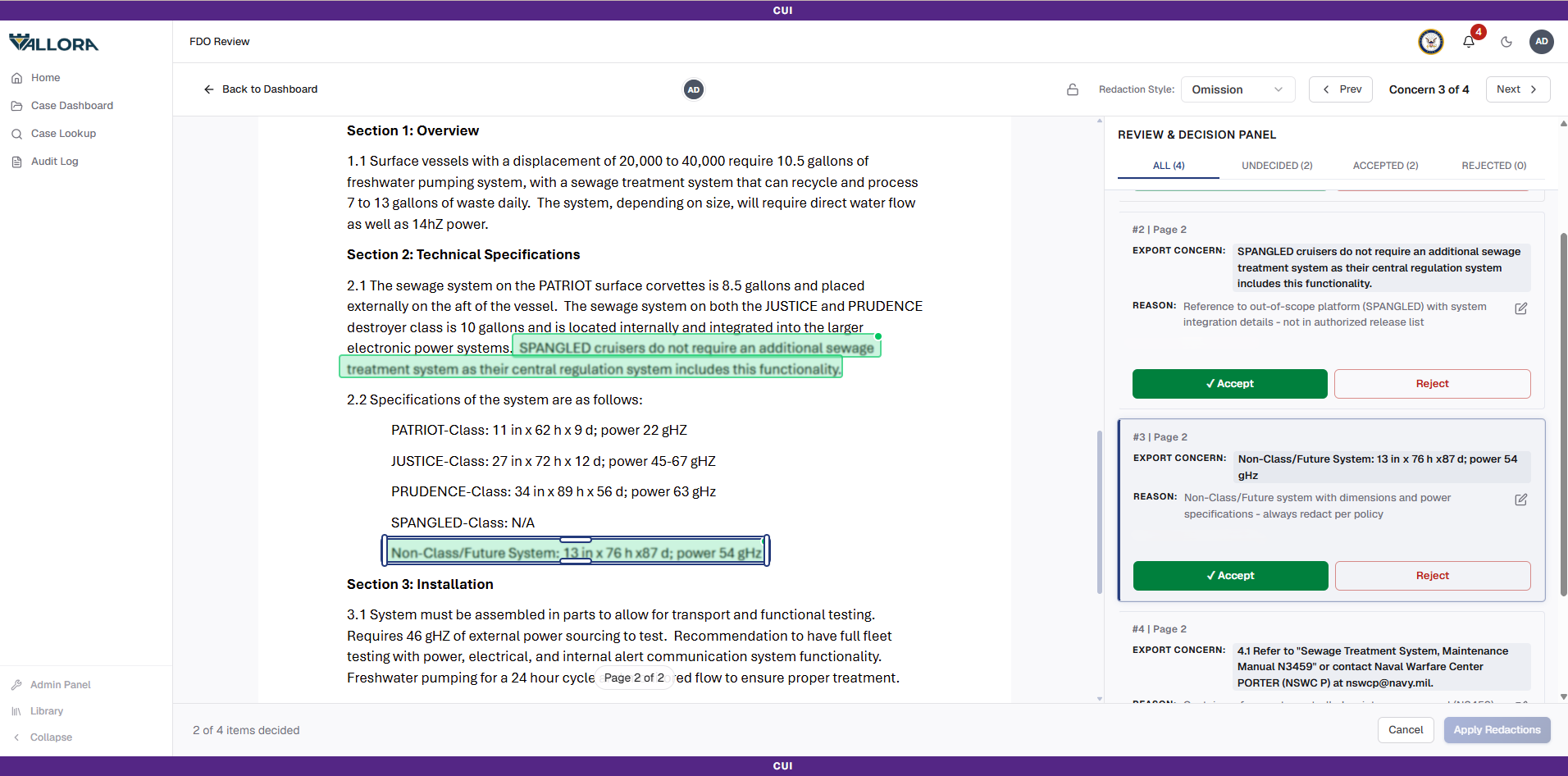 Review and decision panel with accept and reject
