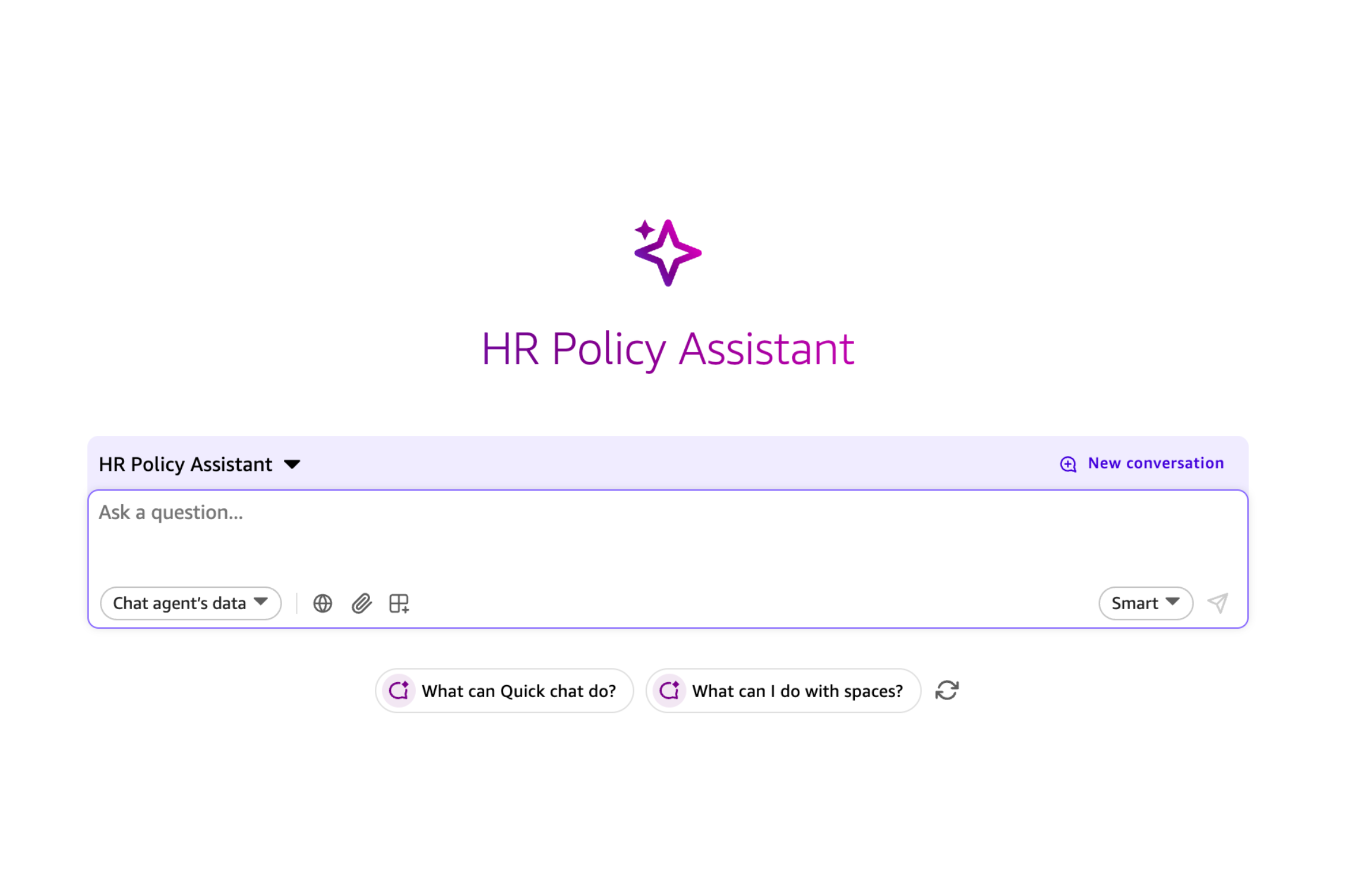 HR Agent dashboard showing conversation analytics, top question topics, and response accuracy metrics