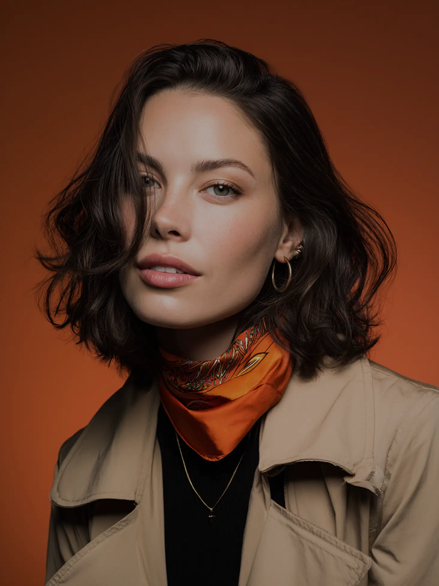 Woman with dark wavy hair in an orange scarf and beige jacket wearing gold hoop earrings.