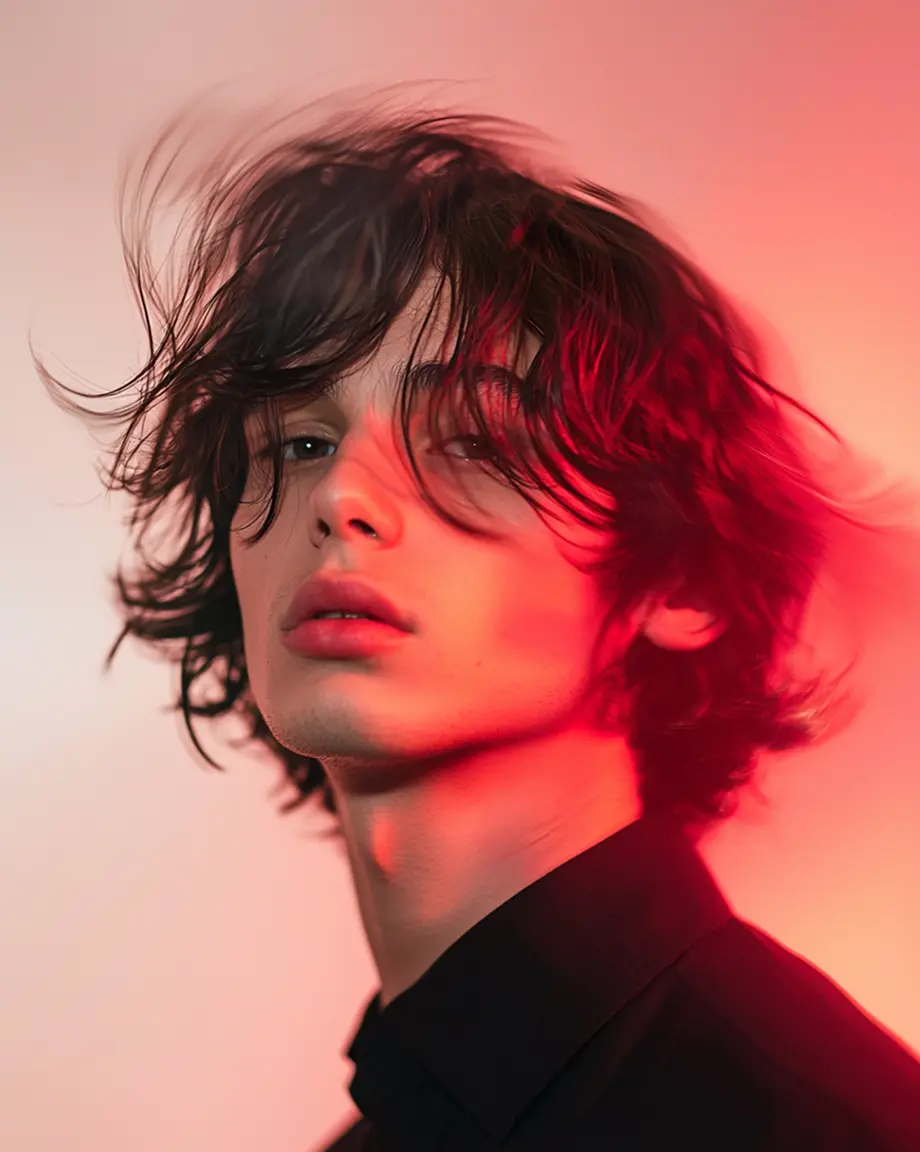 Portrait of a young person with tousled dark hair lit in red, wearing a black shirt.
