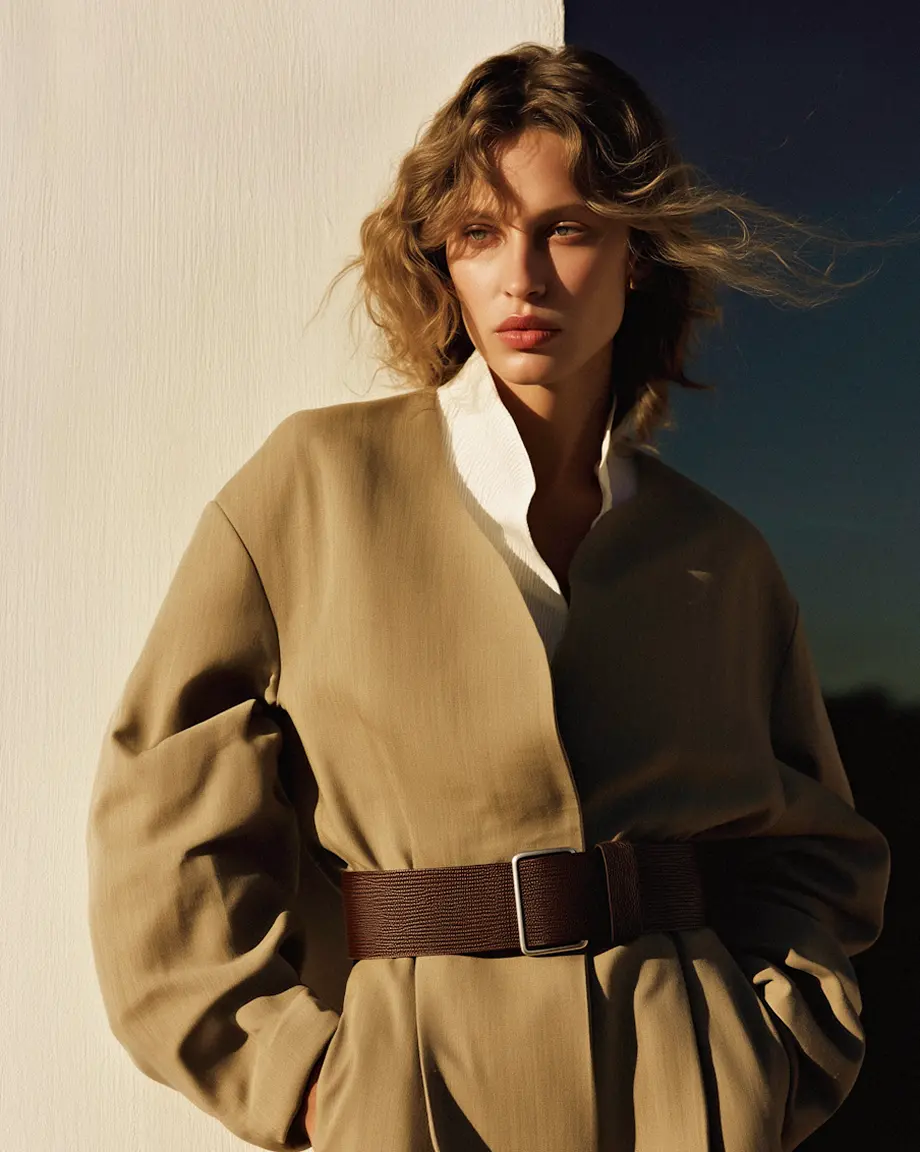 Woman with wavy hair in a beige coat with a wide brown belt, standing beside a wall.