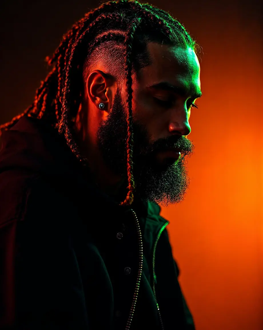 Side profile of a man with braided hair and a beard in moody orange and green light.