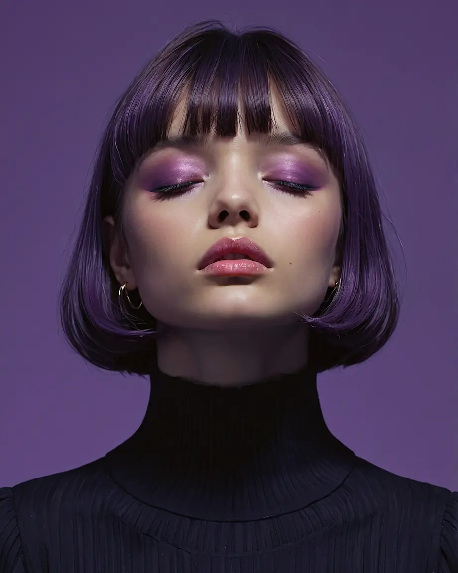 Young woman with a short purple bob and purple eyeshadow, eyes closed, in a black turtleneck.