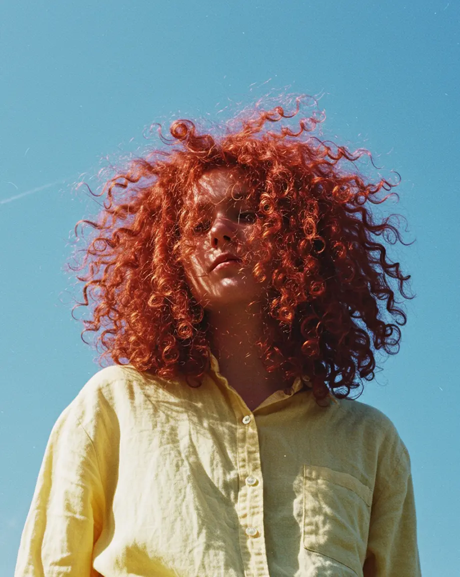 Person with voluminous curly red hair in a yellow shirt against a clear blue sky.