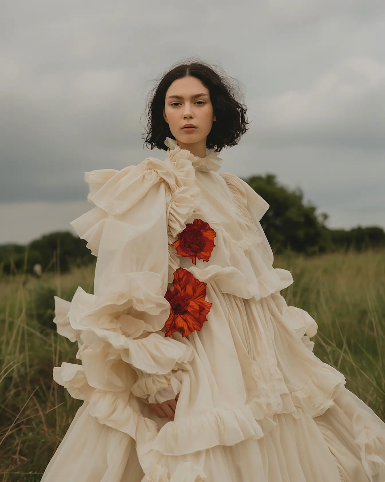Woman with short dark hair wearing a ruffled cream dress with red floral details, standing in a grassy outdoor setting under a cloudy sky.
