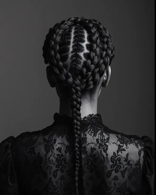 Back view of a person with intricate braided hair and a black lace floral top.