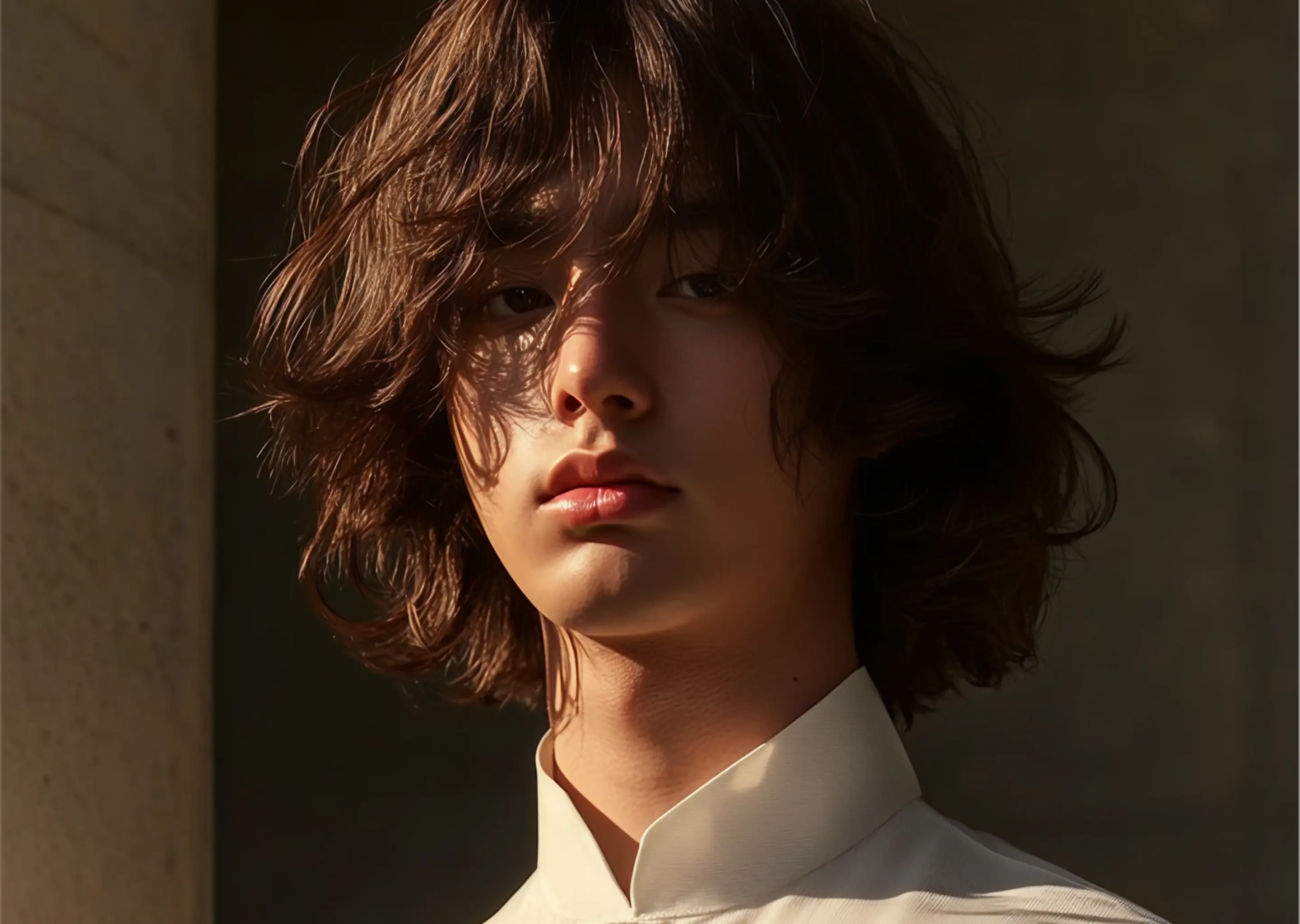 Close-up of a face with soft light and shadows partly covering eyes and lips.