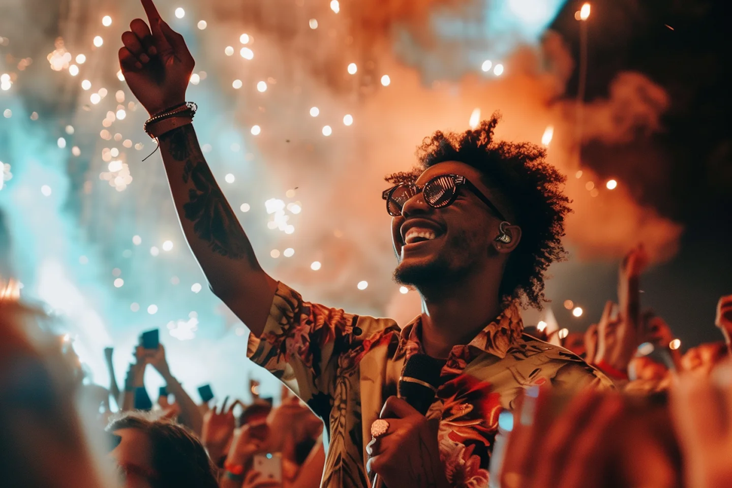 Smiling man in sunglasses and floral shirt enjoying bright lights at a lively event.