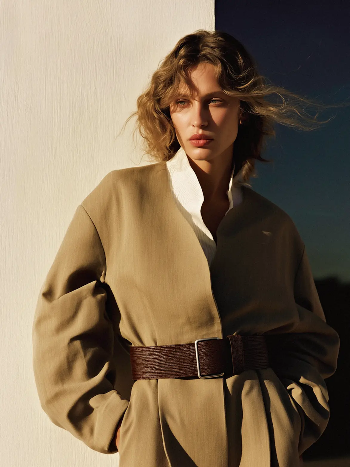 Woman with wavy hair in a beige coat with a wide brown belt against a split light and dark backdrop.