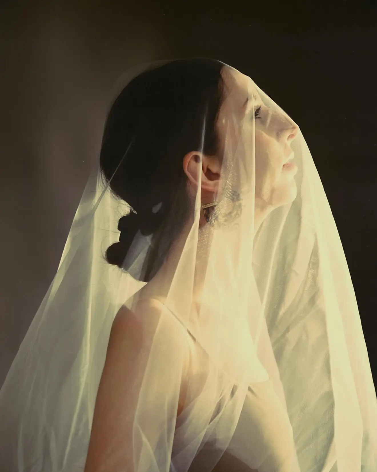 Woman in profile with dark hair under a light, translucent veil against a dark background.