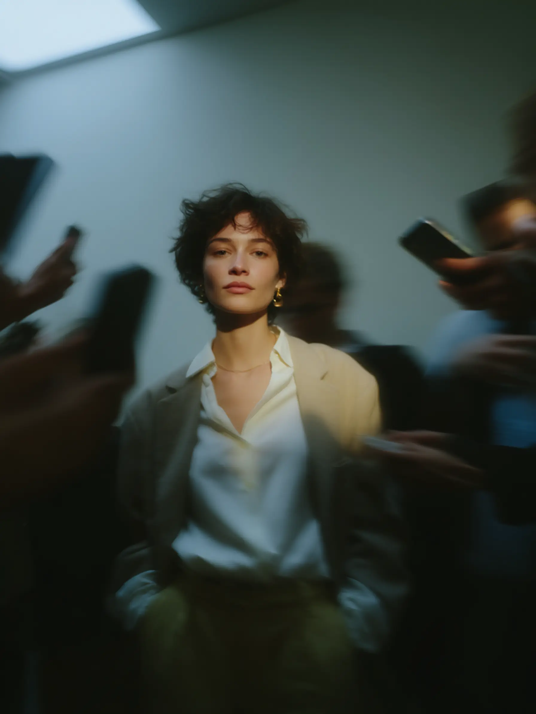 Woman in a beige jacket standing still while blurred figures holding phones move around her.