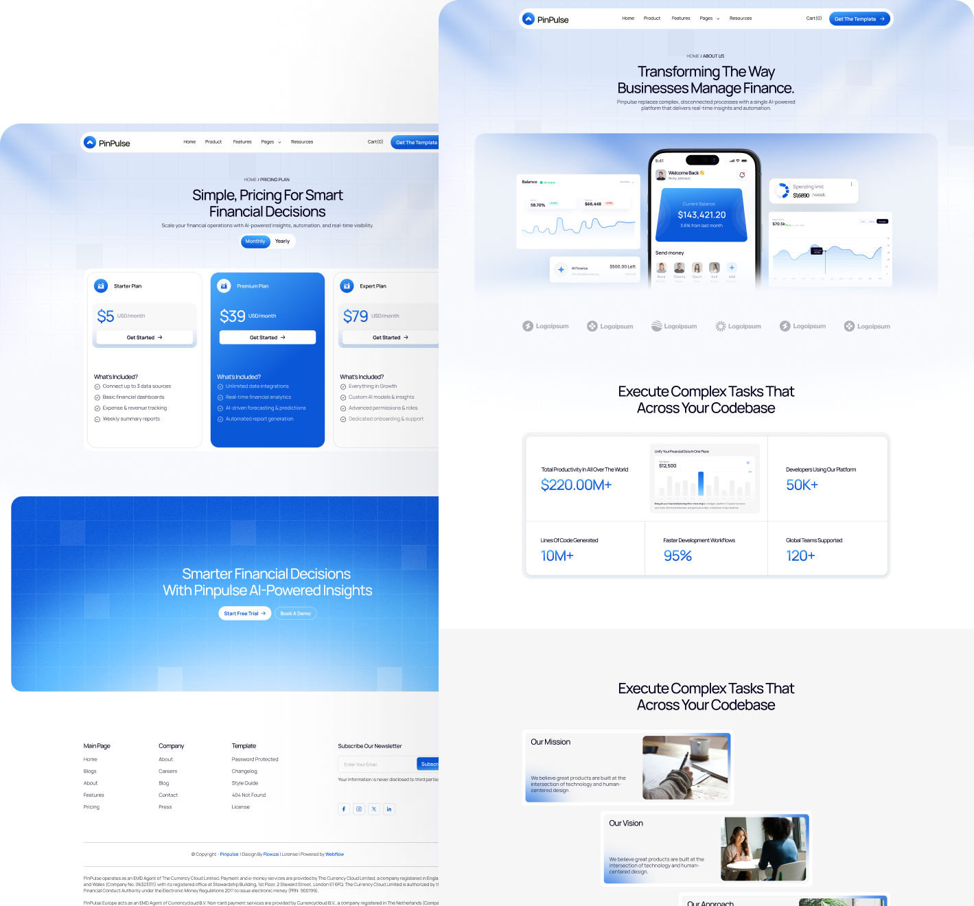 Website homepage for Devmind showcasing AI-powered app development tools, blog previews, productivity stats, and a workspace interface.