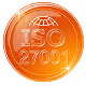 Orange circular badge with ISO 27001 and a globe icon representing information security management.