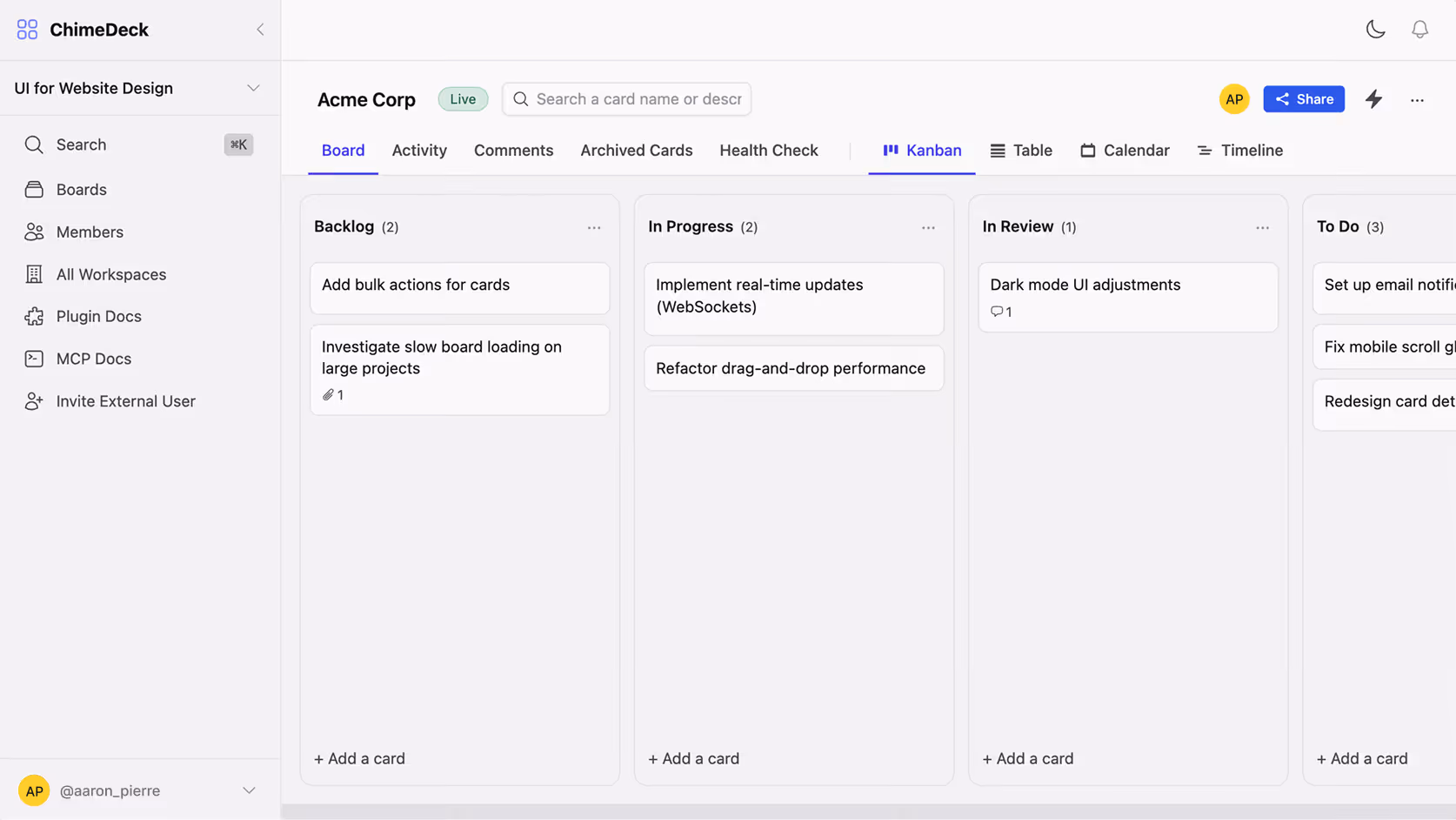 A look at Chimedeck's UI and Kanban task management view