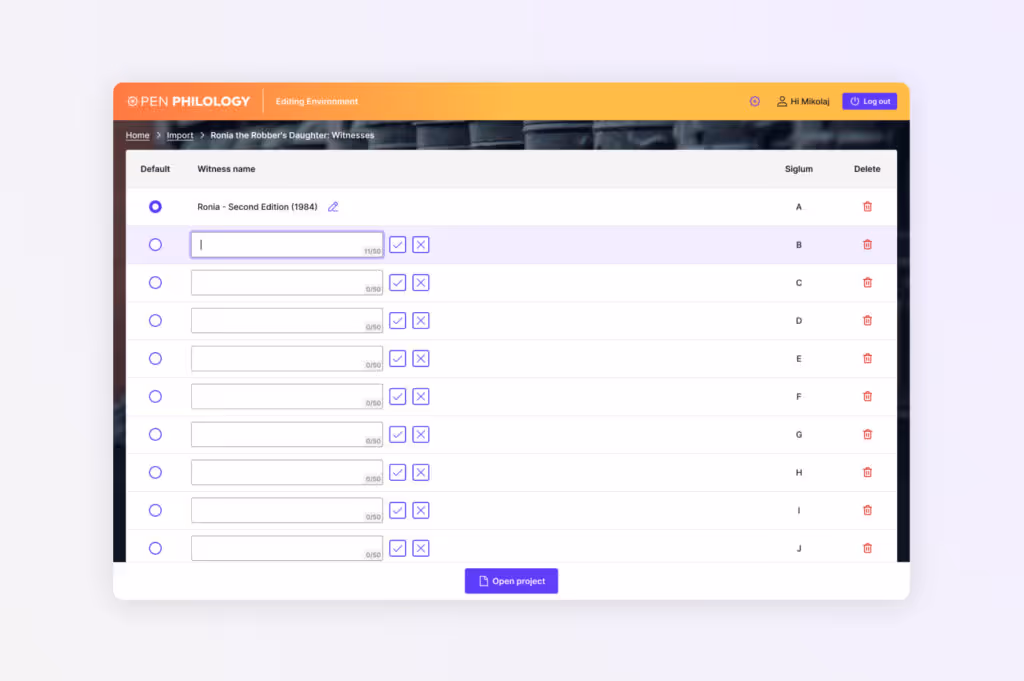 A screenshot of website application development for Open Philology