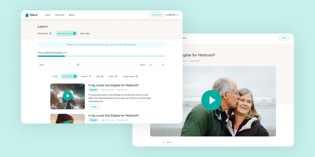 Two screenshots from the Olera website
