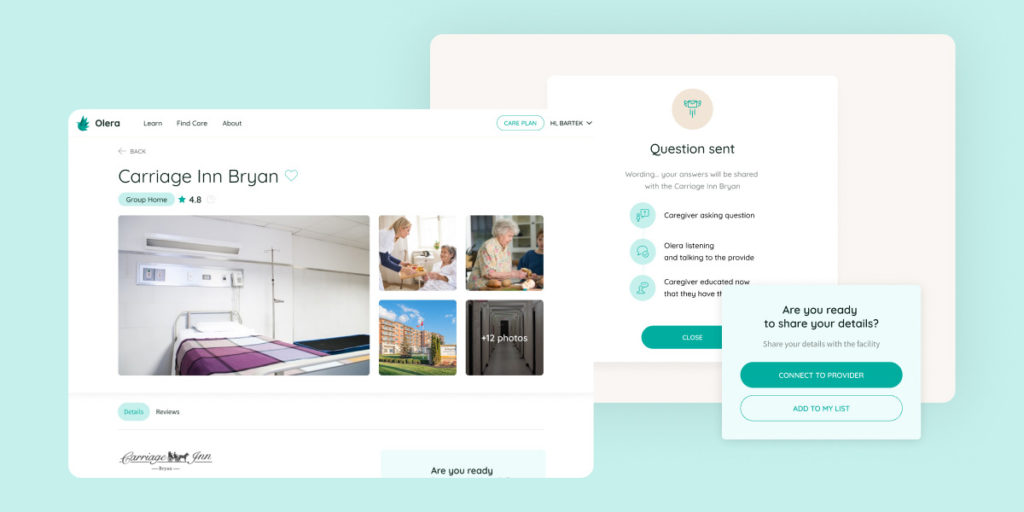Screenshots from the Olera web app