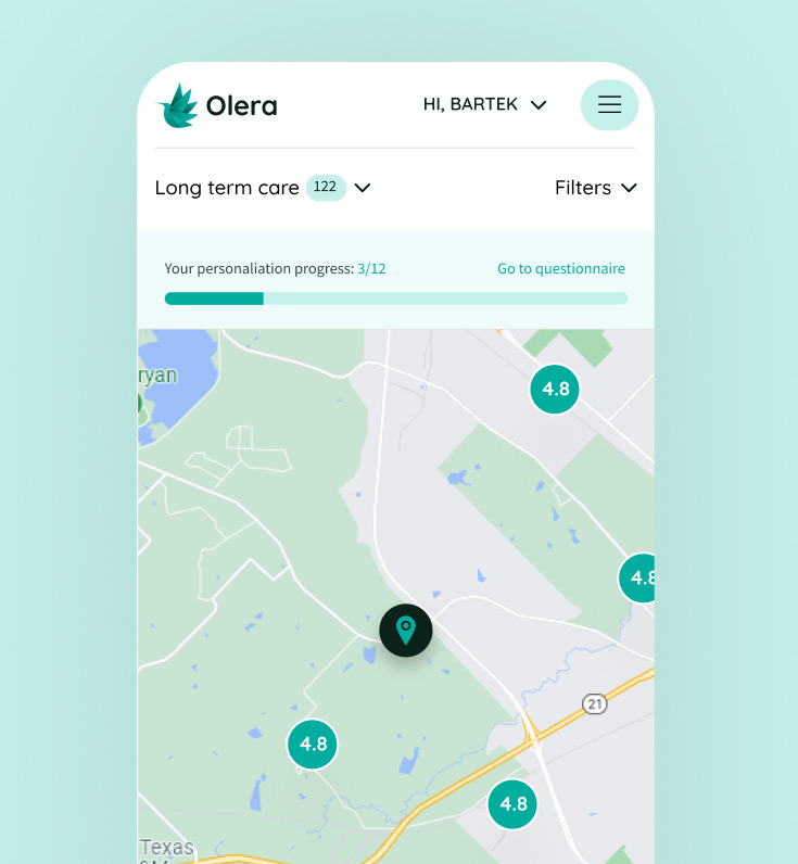 Screenshot of a mobile version of the Olera website