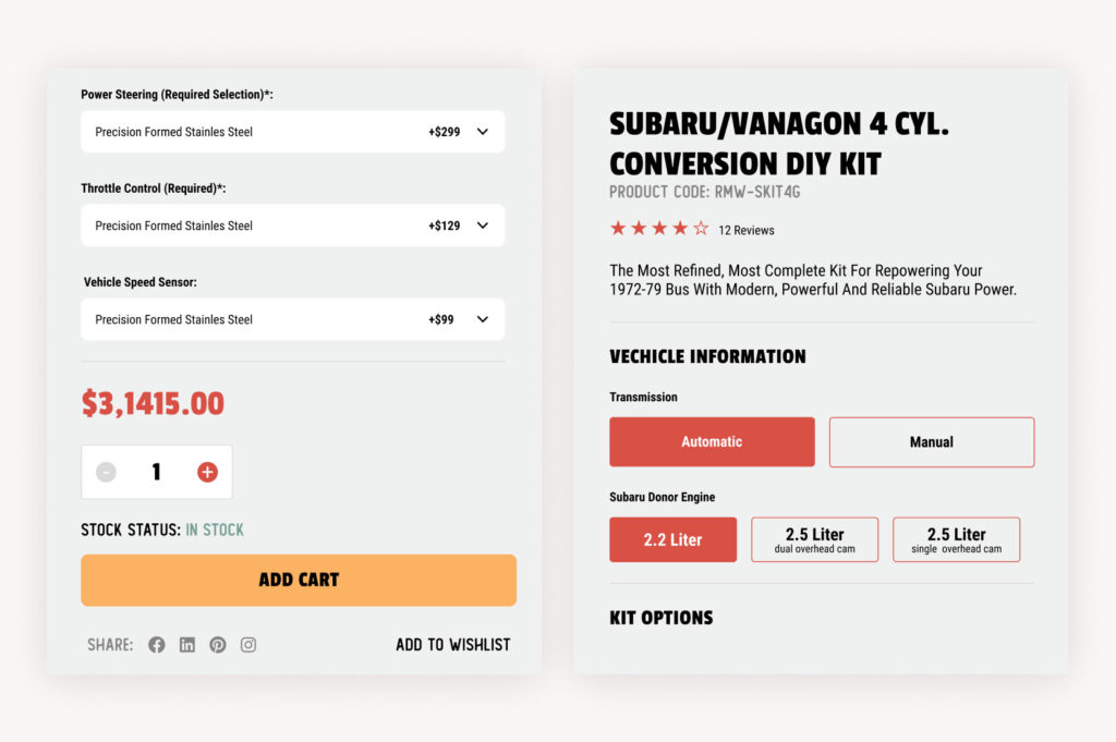 Cart and product detail dialogs on the Van Cafe website
