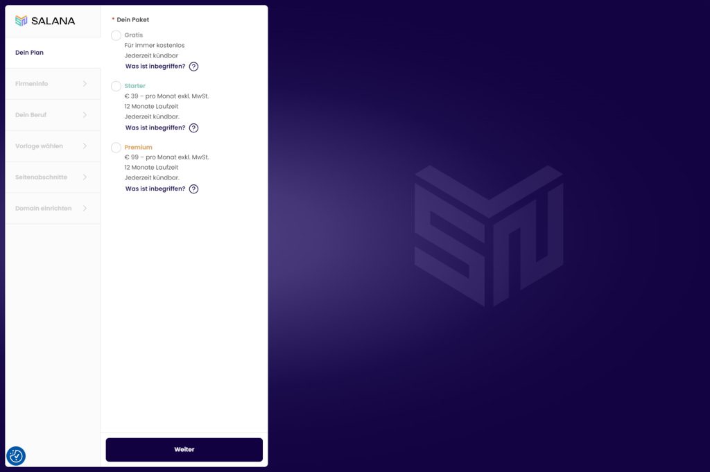 Salana no code WordPress application - the registration screen