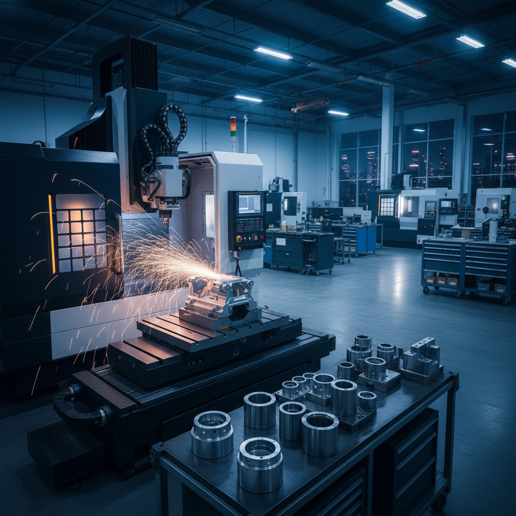 CNC machining centre throwing sparks on a night-lit factory floor with finished precision parts in the foreground