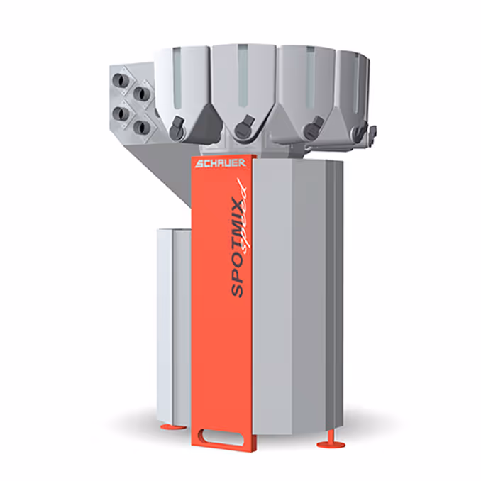 Industrial feed mixer with six hoppers and a red front panel, model SPOTMIX red, from Schauer.