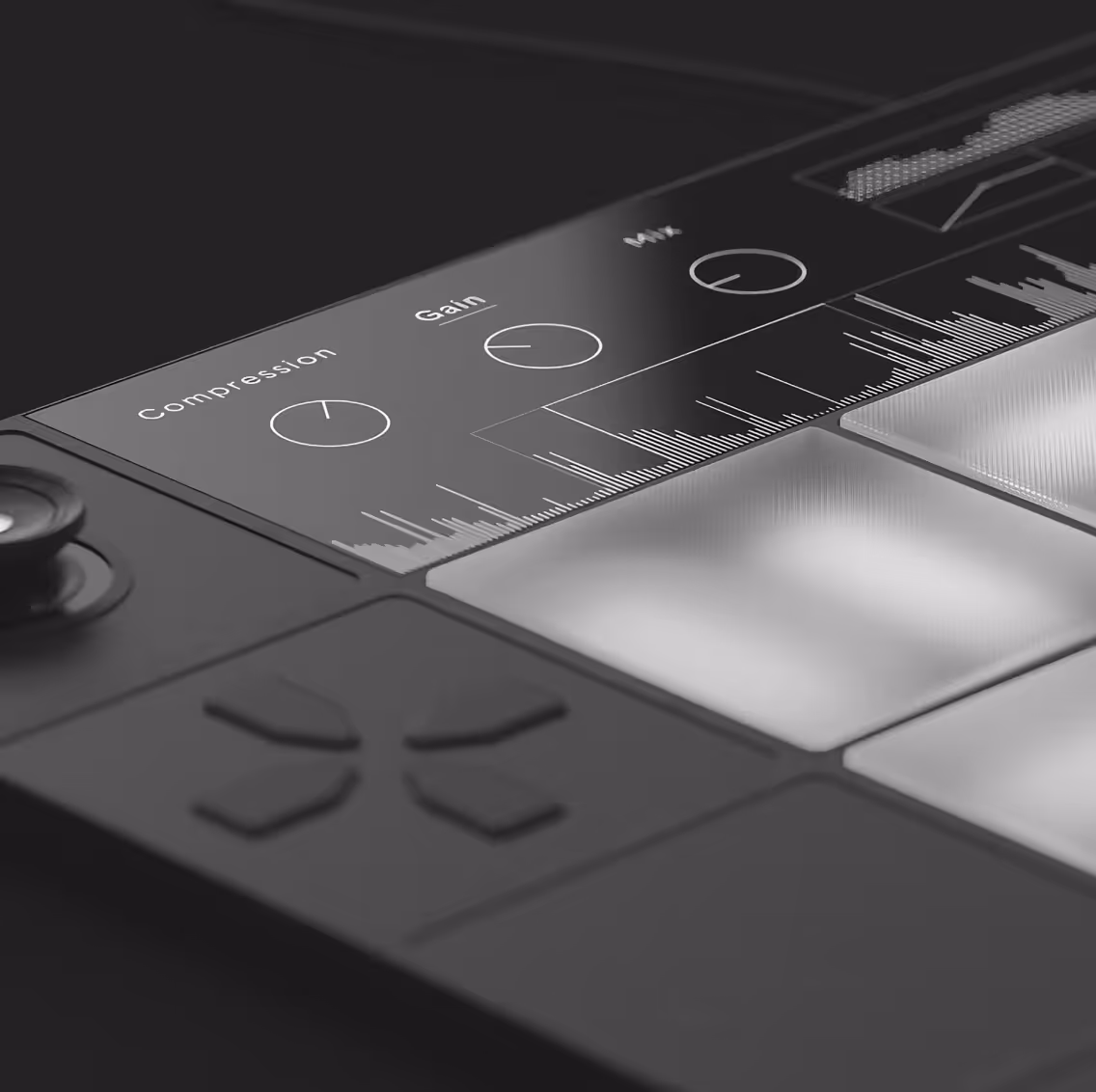 Close-up of a music production controller with pads, knobs labeled Compression, Gain, Mix, and a graphical volume level display.