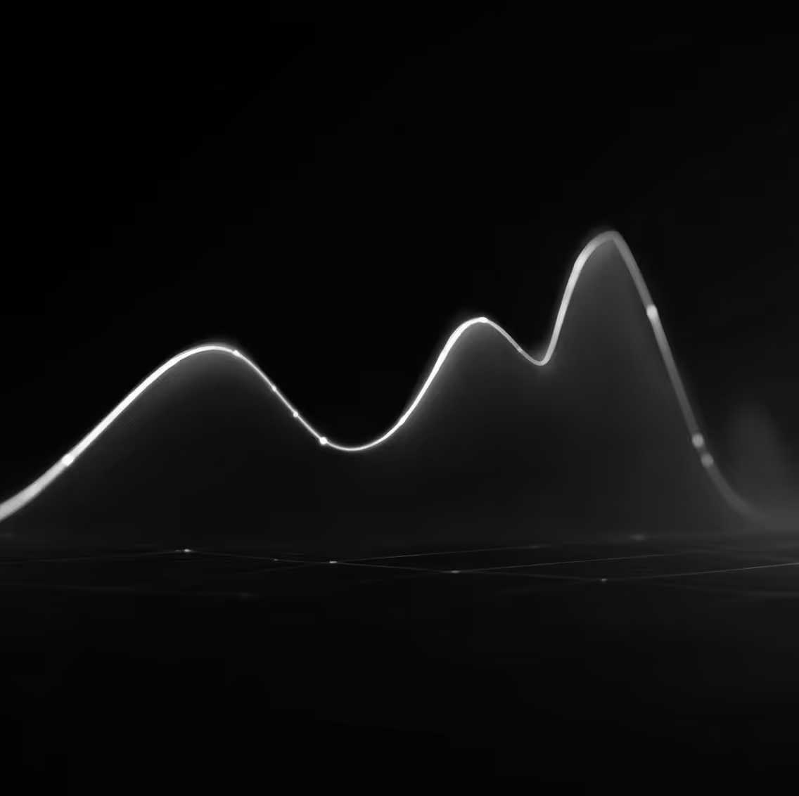 Glowing white waveform or line graph with peaks and valleys on a dark background.