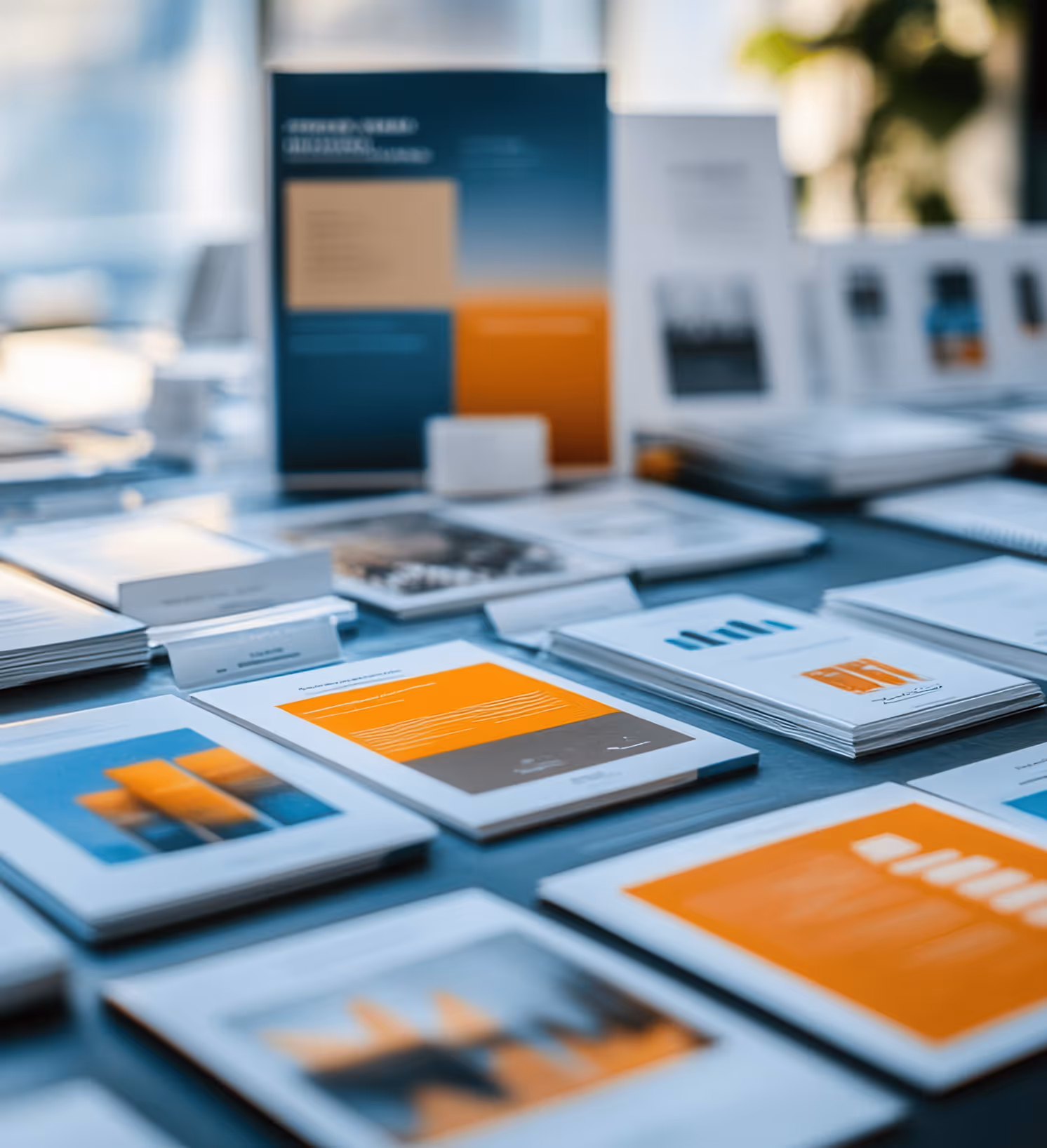 Table covered with business documents and brochures featuring blue and orange graphic designs.