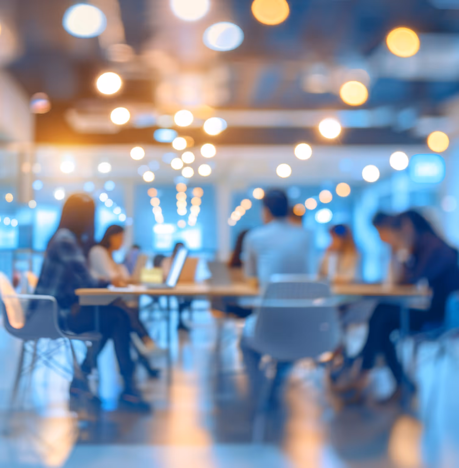 Blurred office scene with people sitting around a conference table working on laptops under hanging lights.