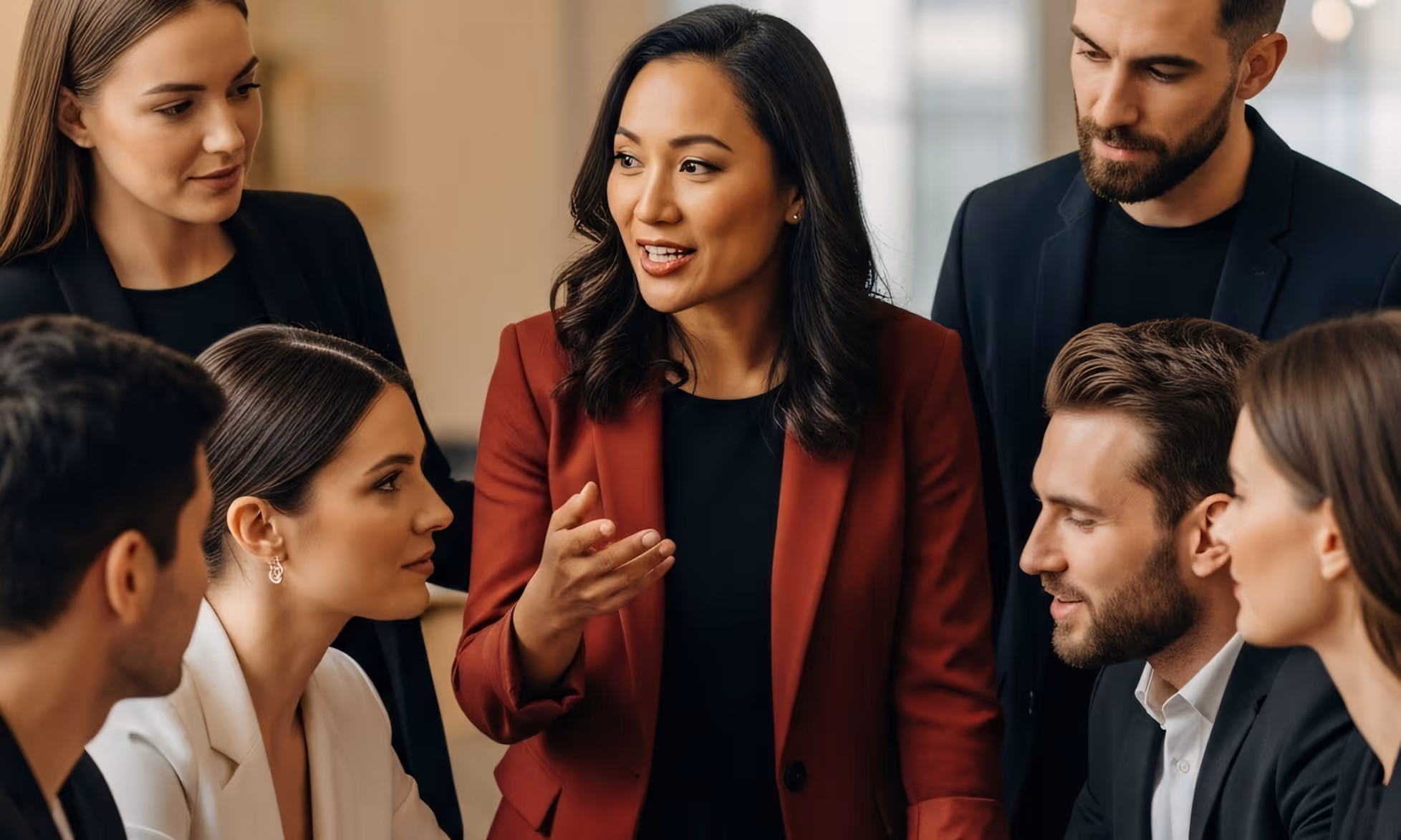 A diverse group of professionals engaged in a discussion, with a woman in a red blazer speaking.