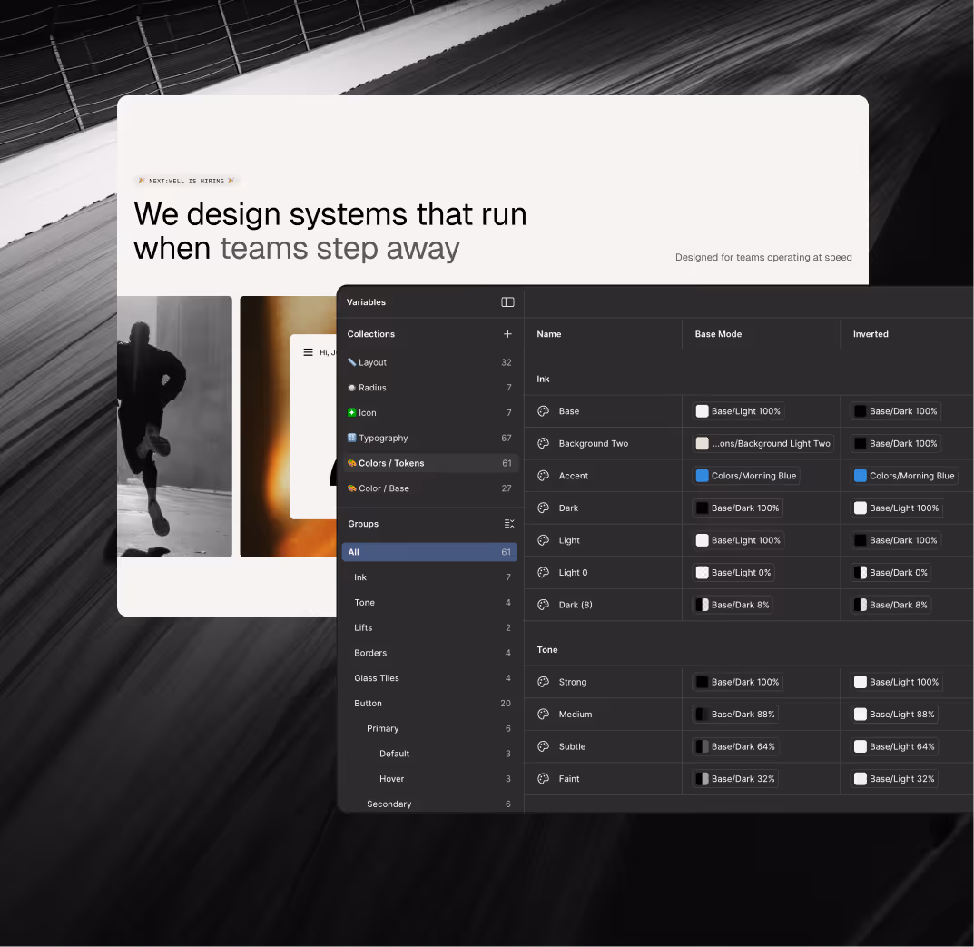 Dashboard interface showing design system variables and collections on a dark blurred background, with text reading We design systems that run when teams step away.