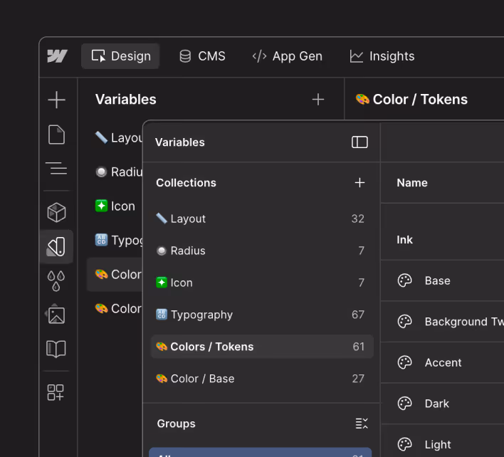Dark mode interface showing a design app with variables menu including layout, radius, icon, typography, and color/token collections.