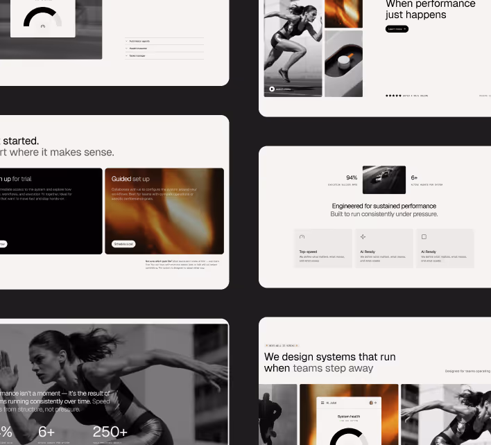 Grid layout showing various website sections including athlete running photos, performance stats, system setup guides, and design system descriptions.