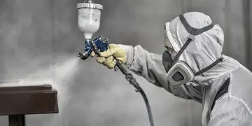 Person in protective suit and mask spray painting a surface with a paint gun.