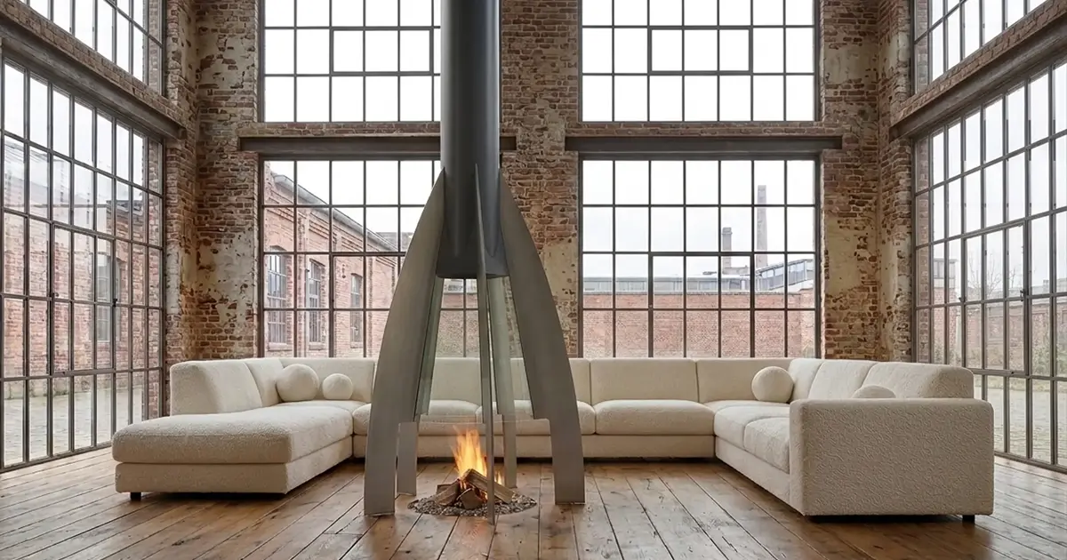 Modern living room with white sectional sofa, tall windows, brick walls, and a central metal fireplace.
