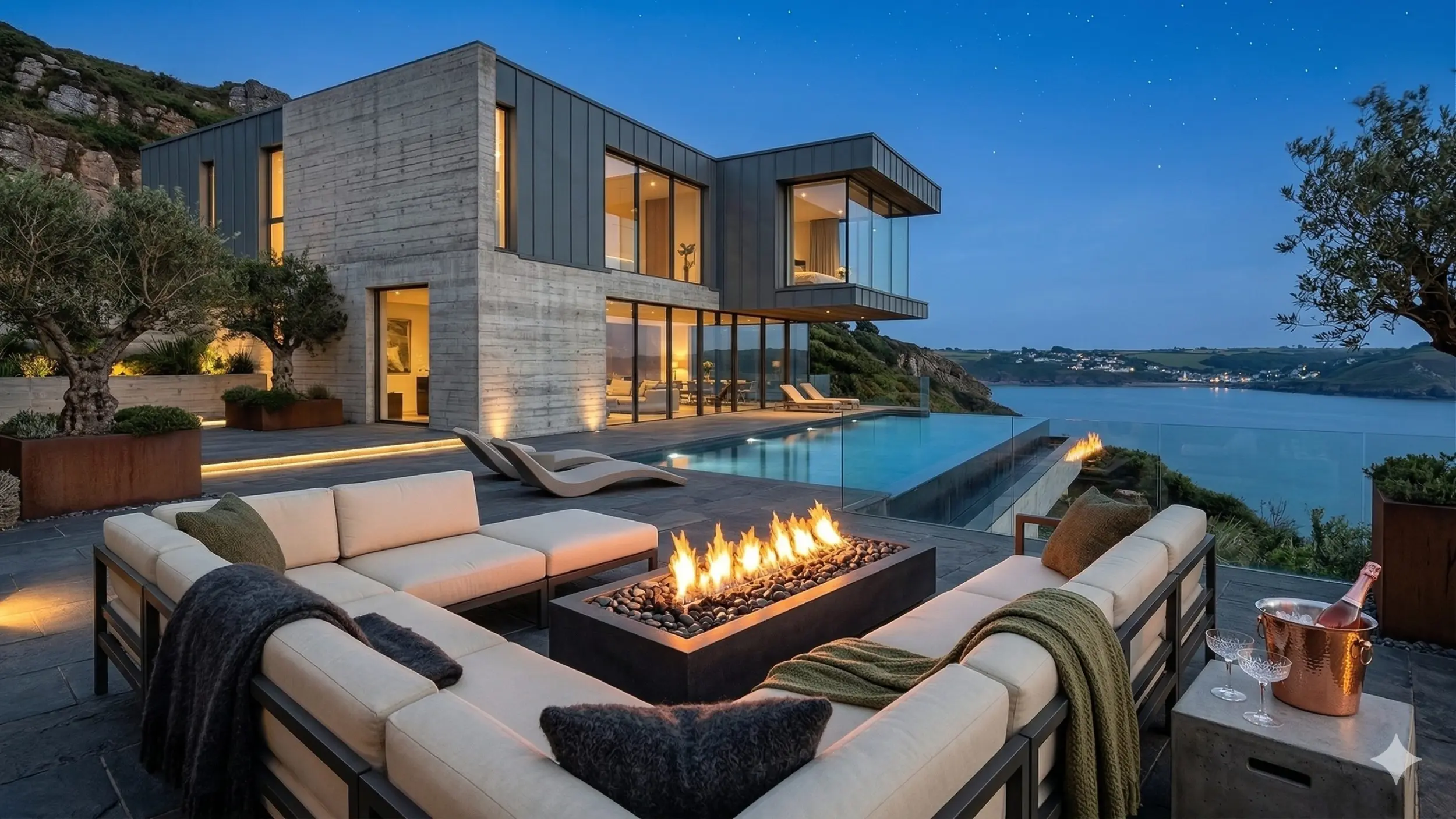 Outdoor fire table for sea side villa