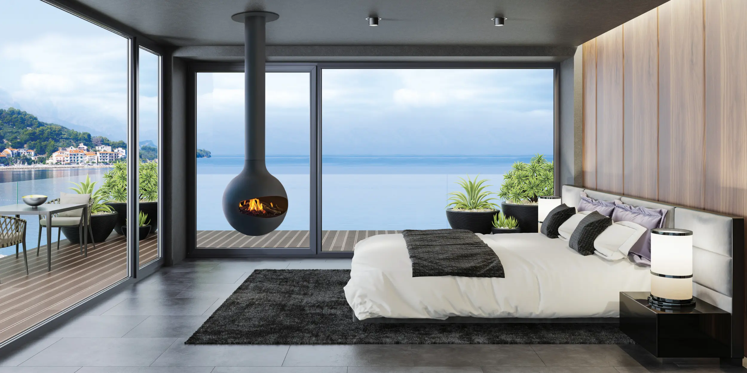 Hanging fireplace in modern apartment by Modus Fireplaces 