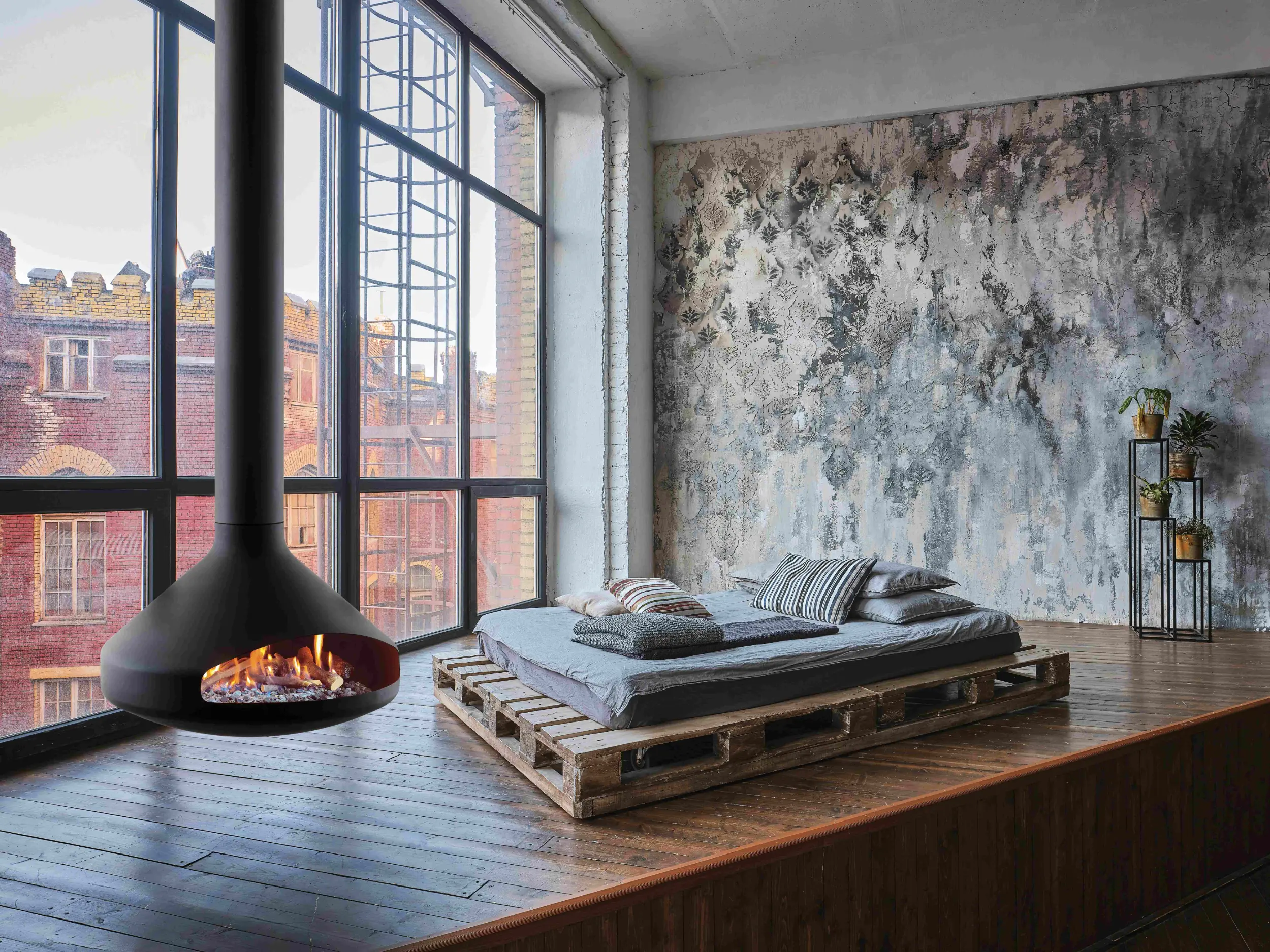 Suspended Focus Fire in warehouse home by Modus Fireplaces 