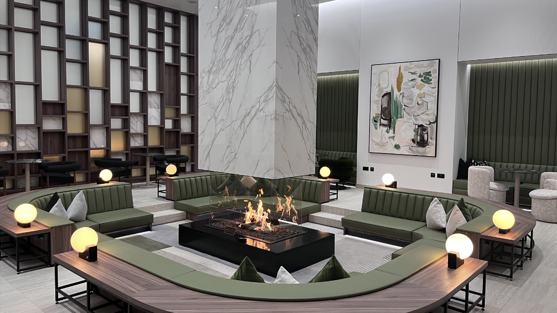 White City Lobby suspended fireplace by Modus Fireplaces 